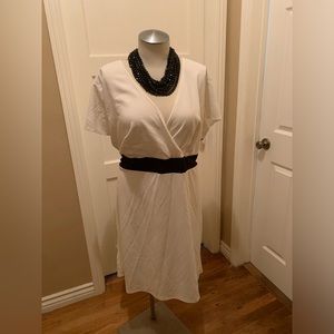 Ashley Stewart off white faux wrap dress with black band/belt size 34/36
